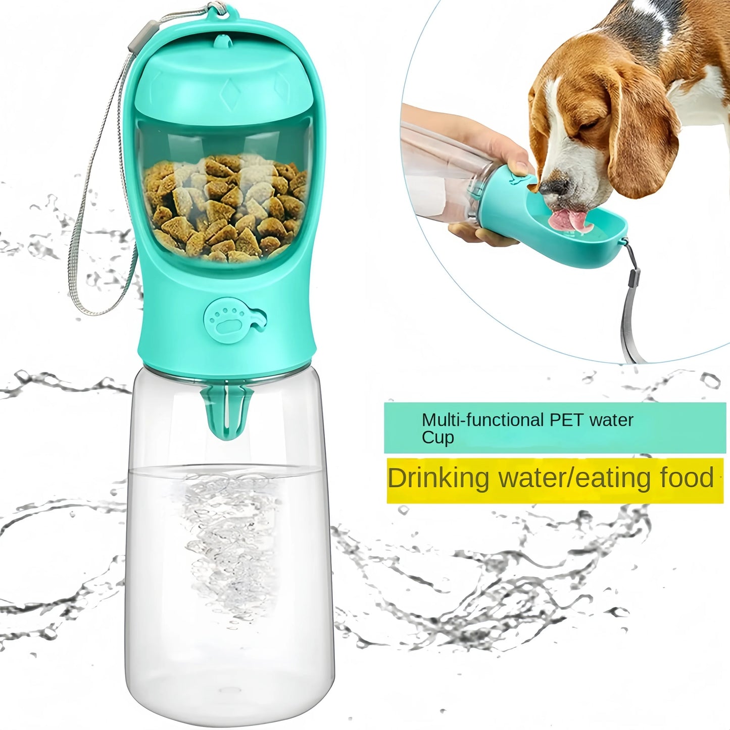 Multifunctional pet water bottle with food compartment and dog drinking from it.