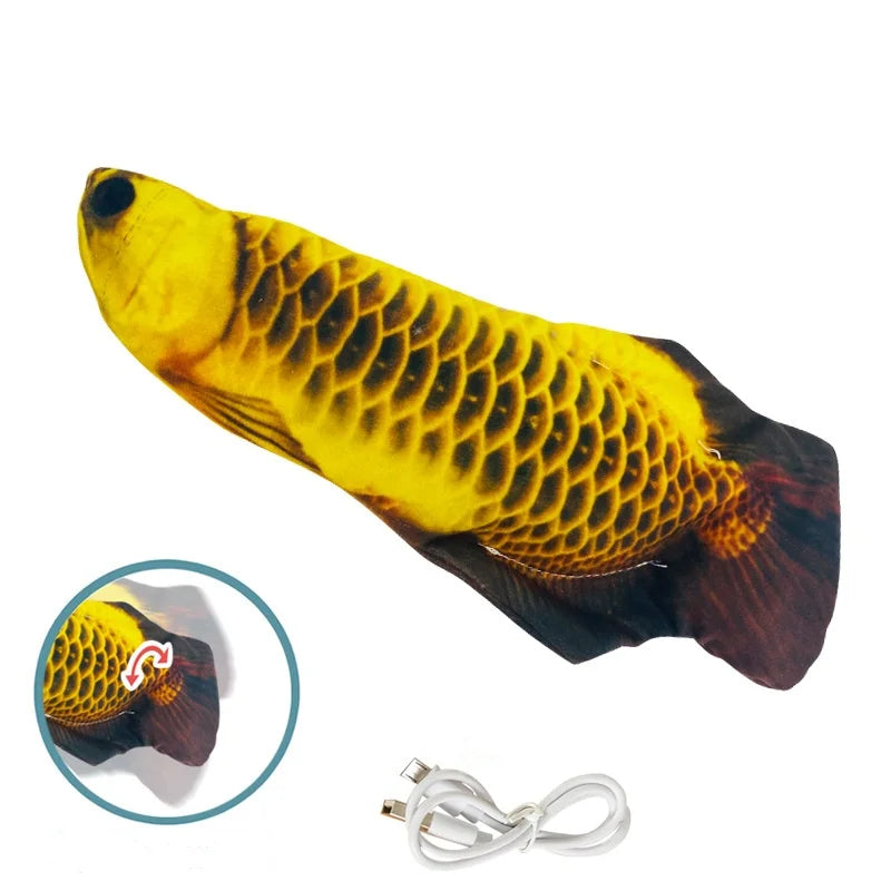 Yellow and black fish-shaped toy with a cable on a white background
