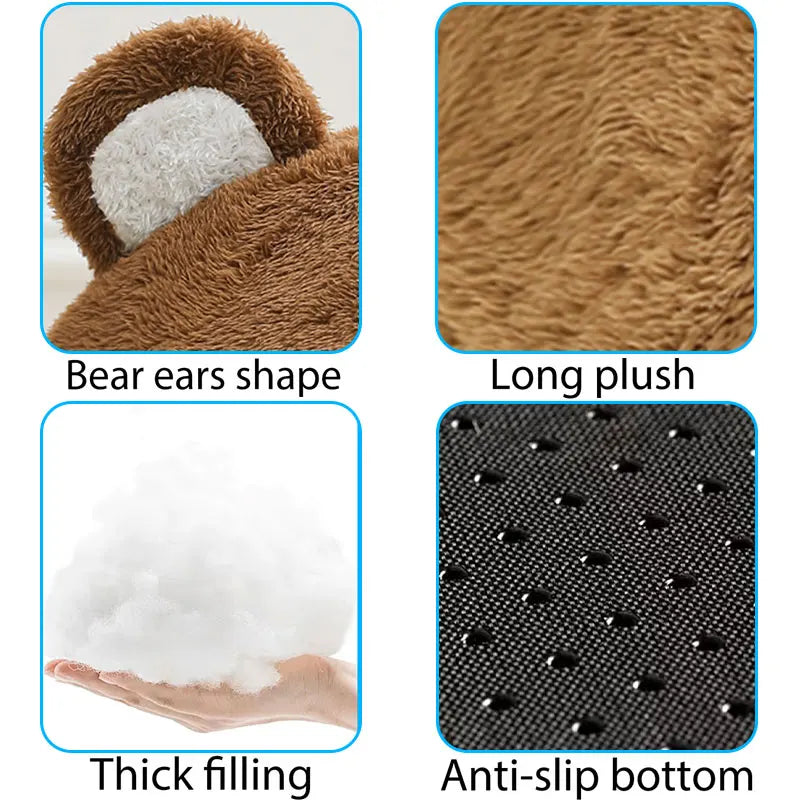 Product features including bear ears shape, long plush, thick filling, and anti-slip bottom.