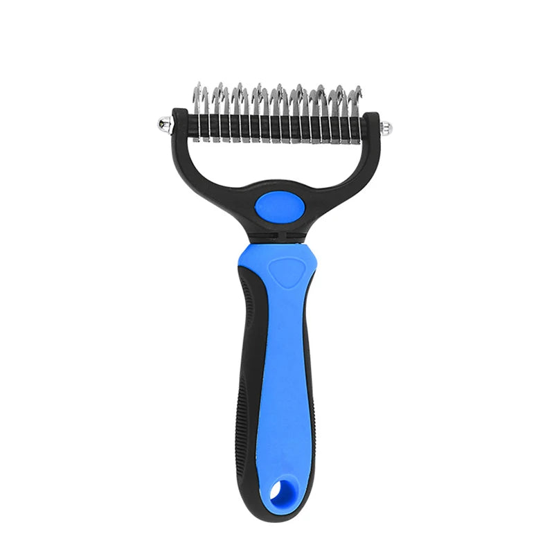 Pet grooming brush with blue handle and metal teeth on a white background