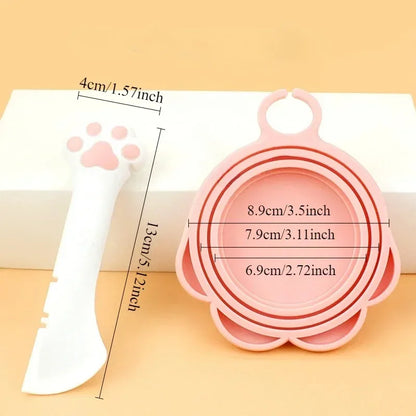 Set of pink pet bowls with measurements on a beige background