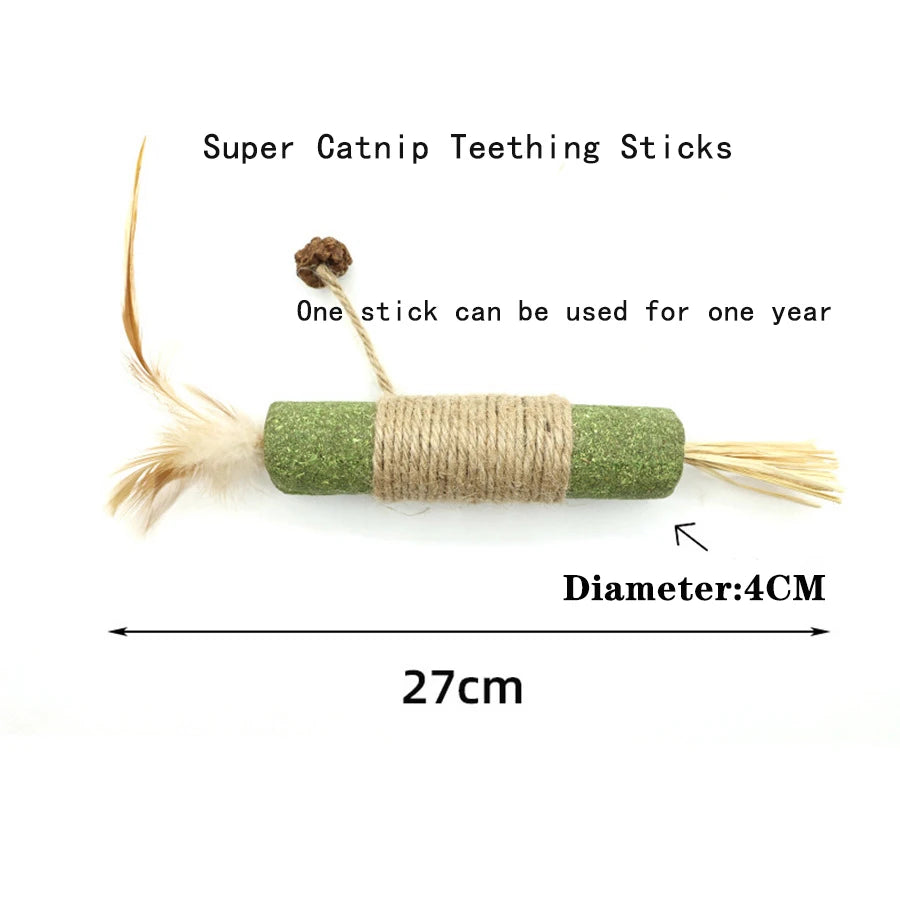 Super Catnip Teething Stick with dimensions and usage information on a white background