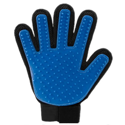 Blue grooming glove with black accents on a white background