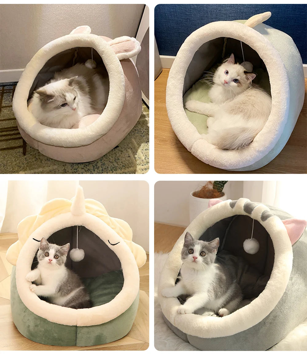 Four different cat beds with cats inside, each in a unique design.