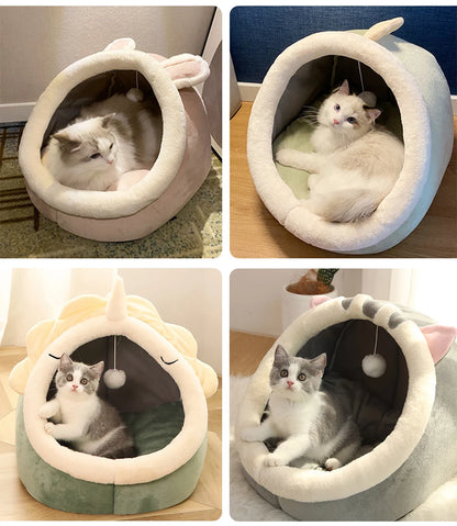 Four different cat beds with cats inside, each in a unique design.