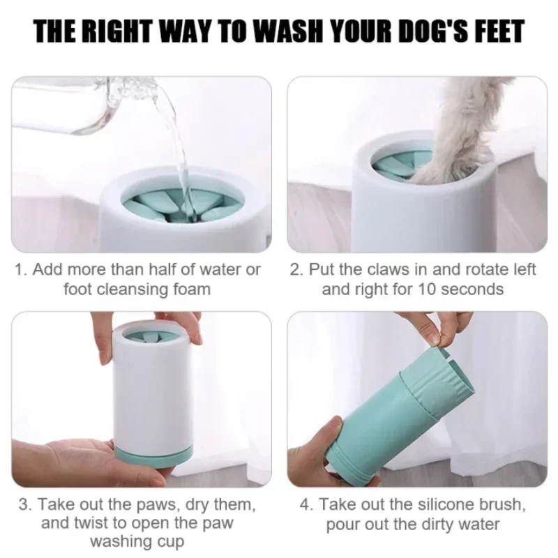Instructions for using a pet foot cleaning device with images and text.