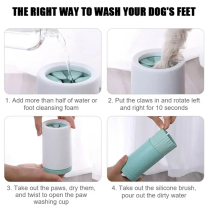 Instructions for using a pet foot cleaning device with images and text.