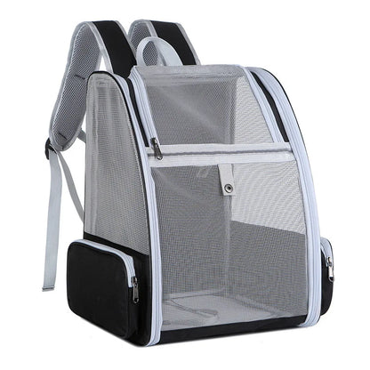 Pet carrier backpack with mesh sides on a white background