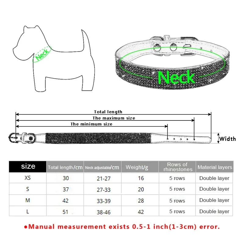 Measurement chart for a dog collar with dimensions and weight details.