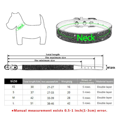 Measurement chart for a dog collar with dimensions and weight details.
