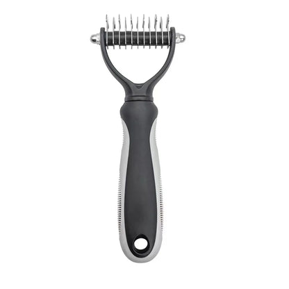 Black and silver pet grooming tool on a white background