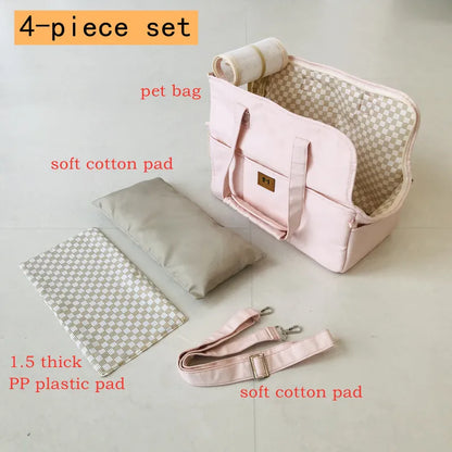 4-piece pet care set including a pink pet bag, soft cotton pad, and 1.5 thick PP plastic pad on a light gray background.
