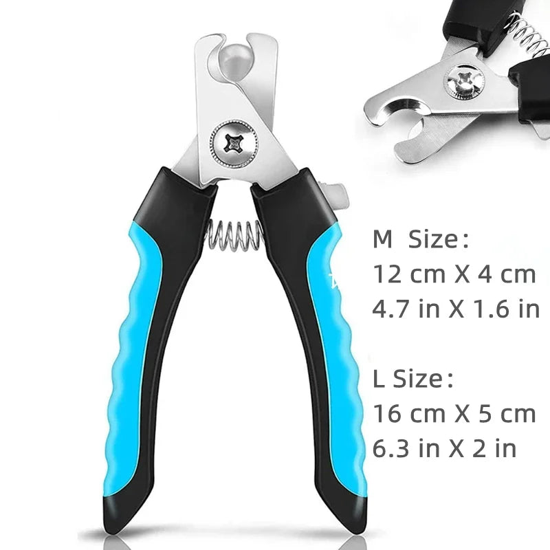 Pet nail clippers with blue handles and size specifications on a white background
