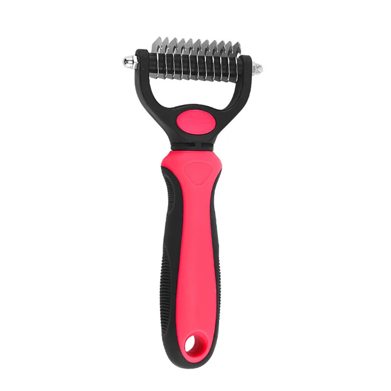 Pet grooming tool with red handle and black brush on a white background