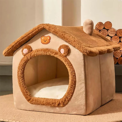 Pet house with teddy bear design on a neutral background