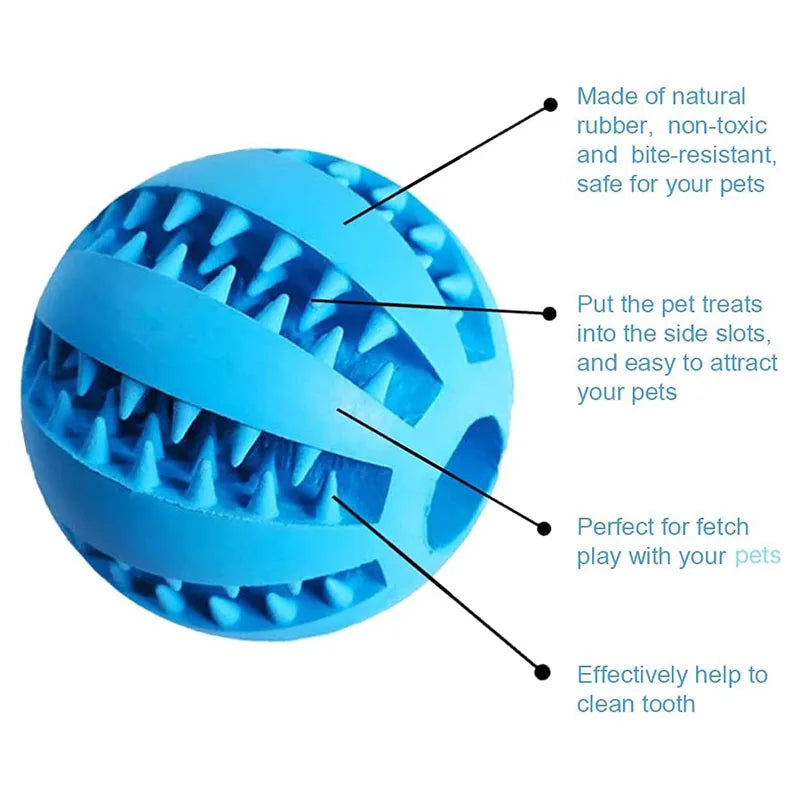Blue rubber ball with text highlighting its features on a white background