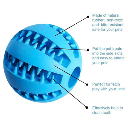 Blue rubber ball with text highlighting its features on a white background