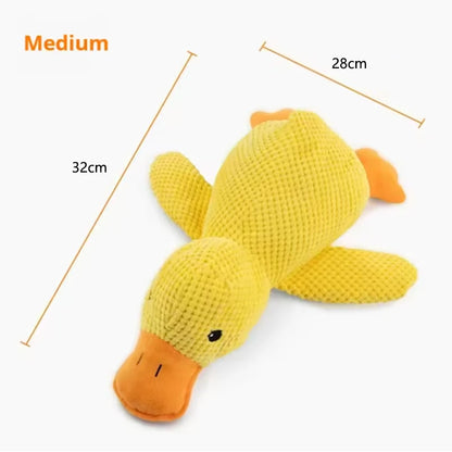 Yellow plush duck toy with measurements on a white background