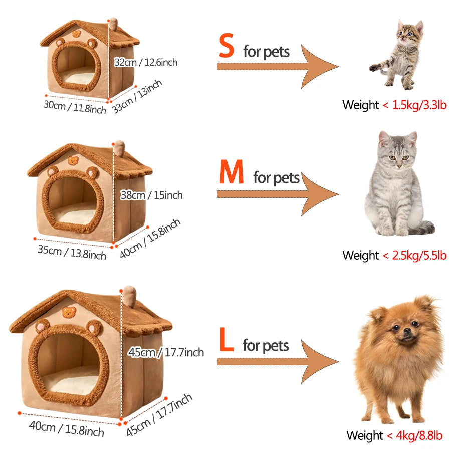 Pet house size chart with dimensions and weight limits for cats and dogs.