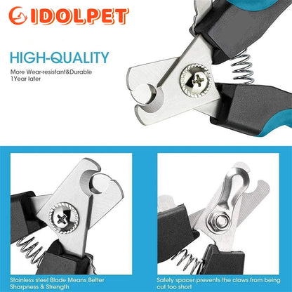 Pet nail clippers with 'IDOLPET' branding and text highlighting quality and features.