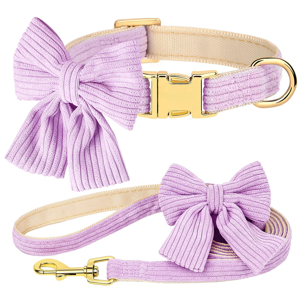 Dog collar and leash set with purple bows and gold hardware on a white background