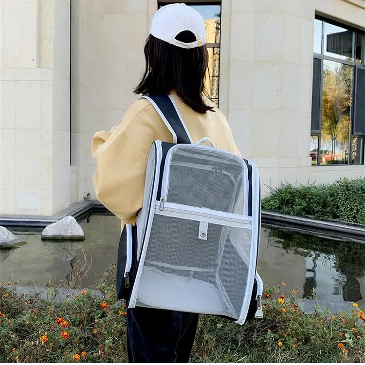 Person wearing a transparent backpack with a white cap outdoors.