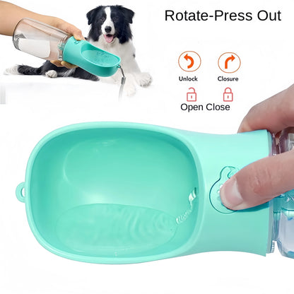 Pet water bottle with a dog drinking from it, showing how to rotate and press out the lid.