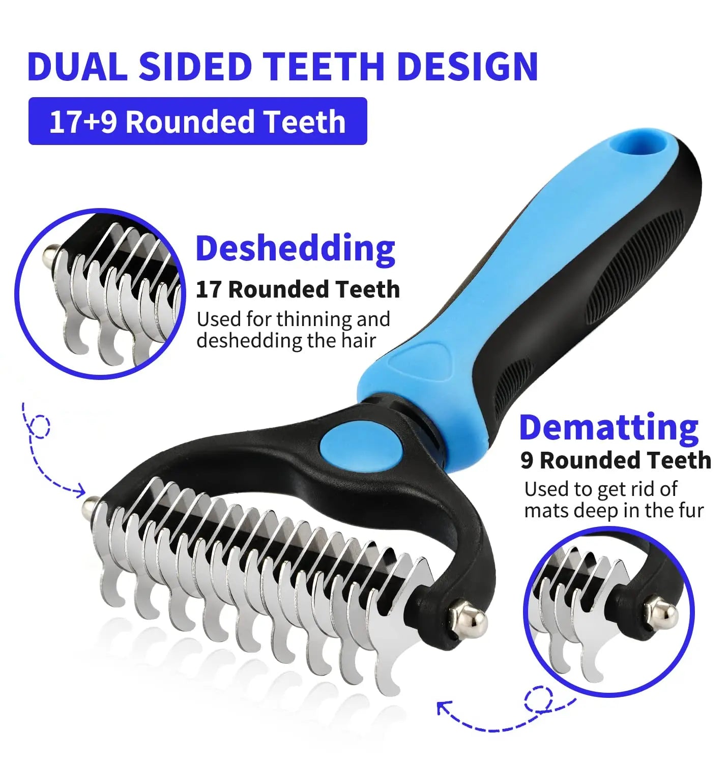 Pet grooming tool with dual-sided teeth design on a white background