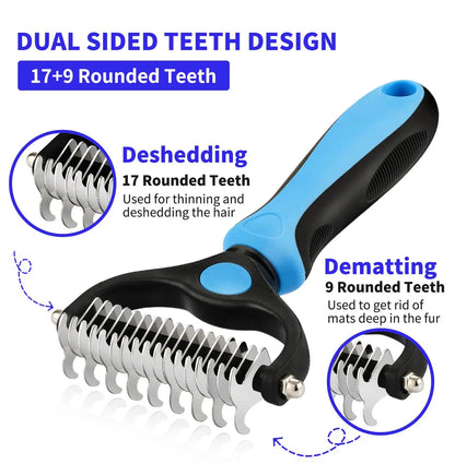 Pet grooming tool with dual-sided teeth design on a white background