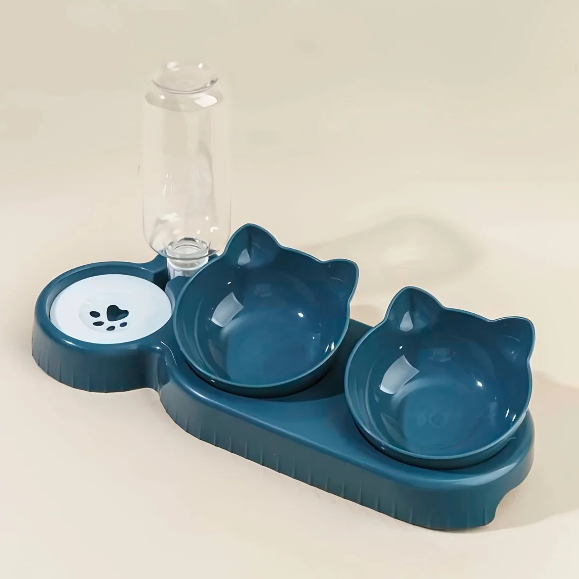 Blue pet bowl set with two bowls and a water dispenser on a beige background