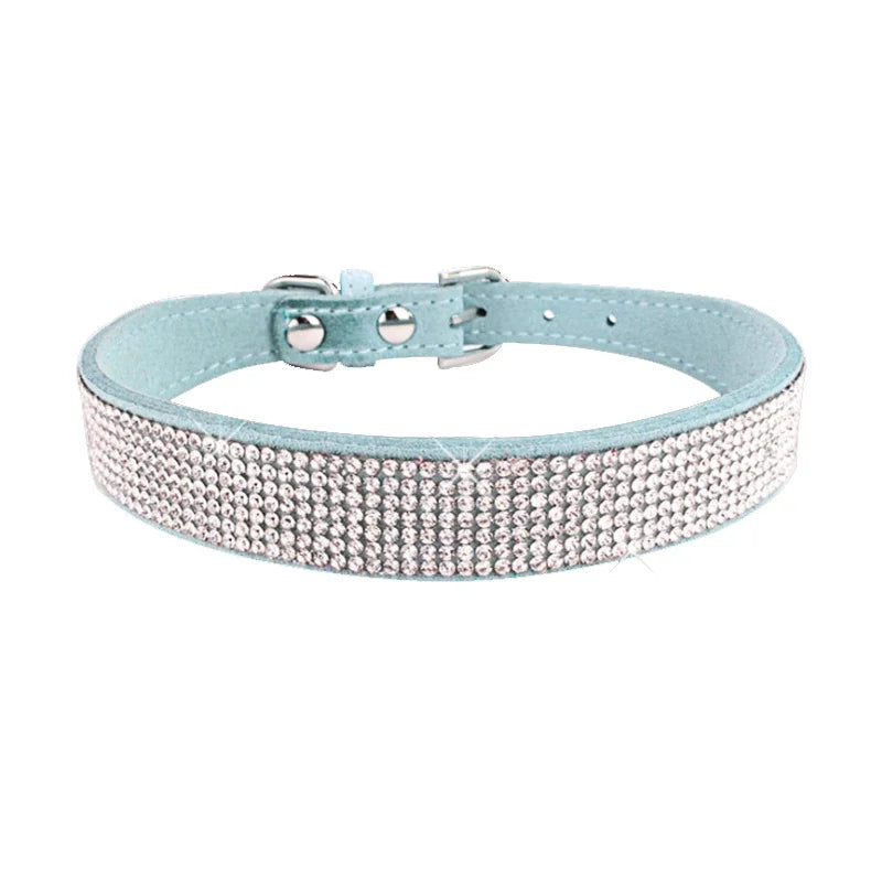Light blue dog collar with rhinestone detailing on a white background