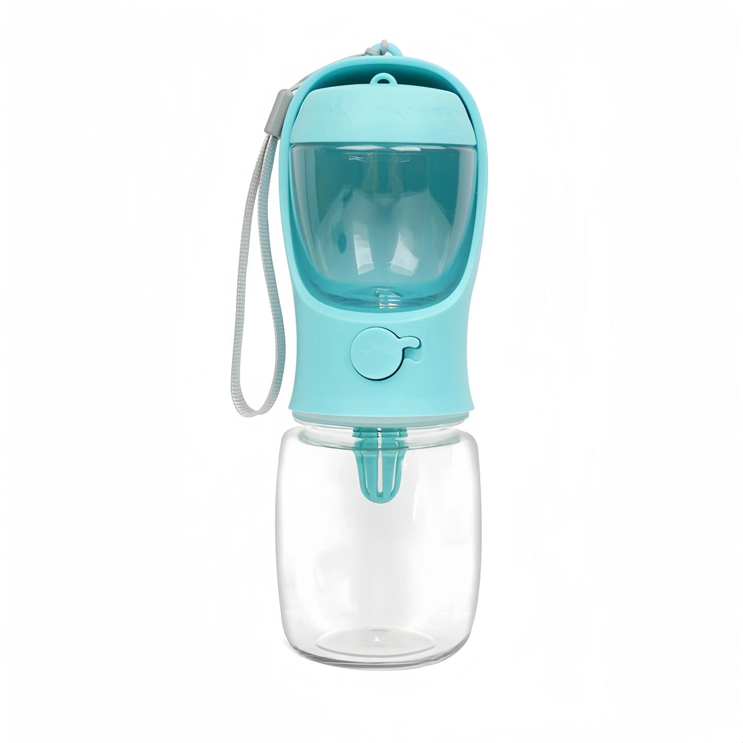 Turquoise pet water bottle with clear container on a white background