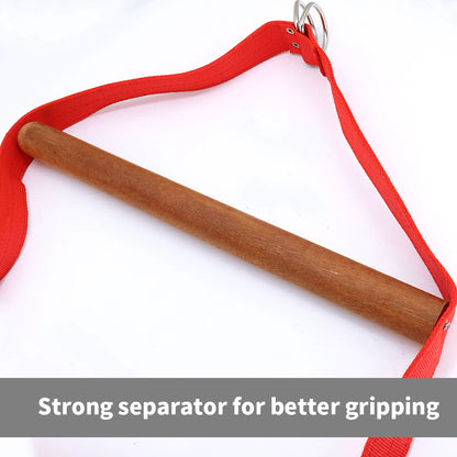 Wooden rolling pin with a red fabric handle on a white background