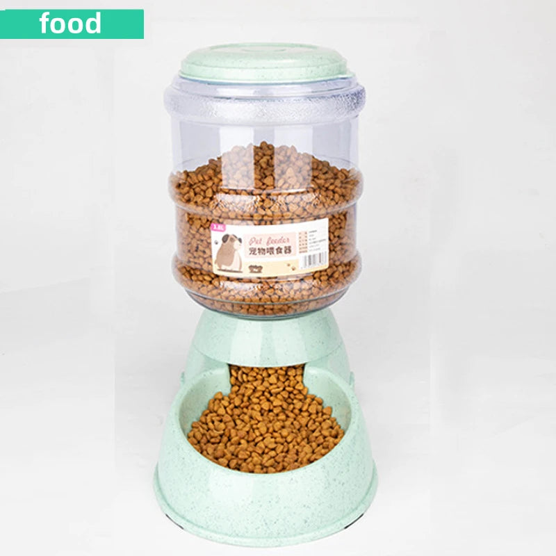 Pet food dispenser with transparent container and green base on a white background
