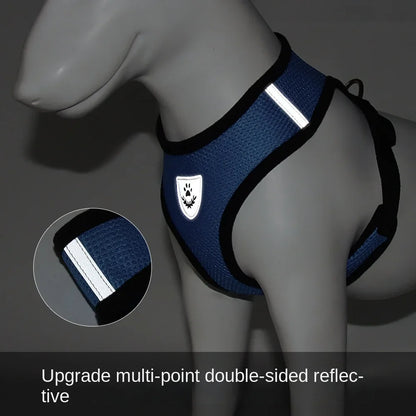 Blue dog harness with reflective stripes on a mannequin, close-up inset showing reflective material.