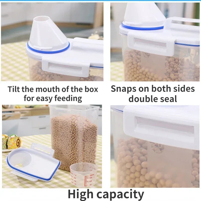 Container with a lid showing features like easy feeding, double seal, and high capacity.