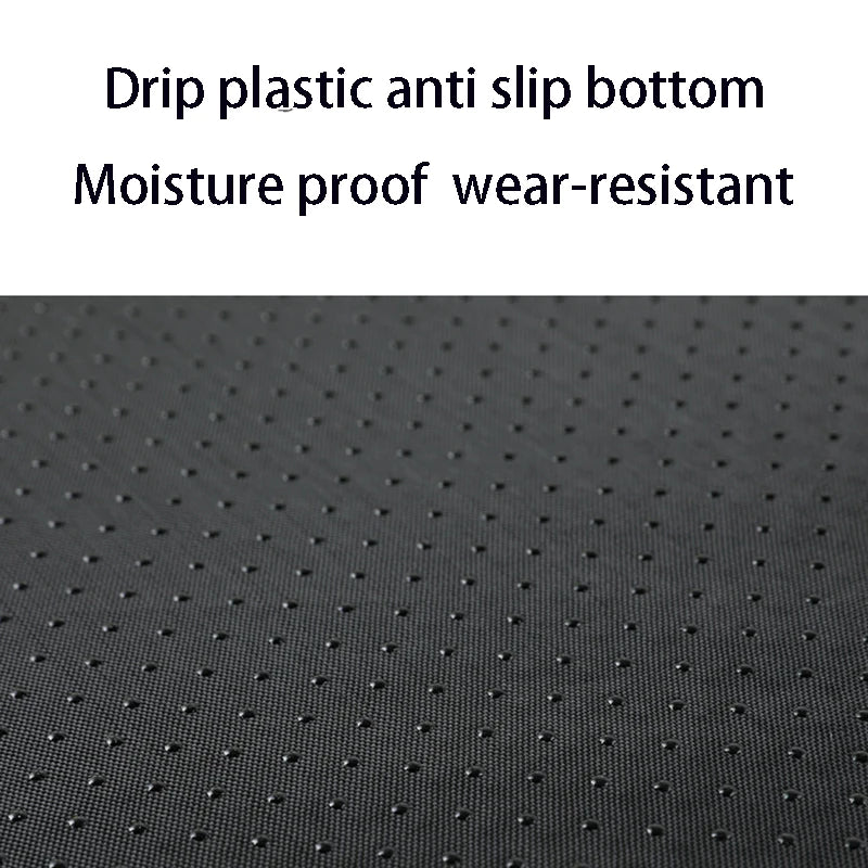 Text describing drip plastic anti-slip bottom with moisture-proof and wear-resistant properties on a black textured background.