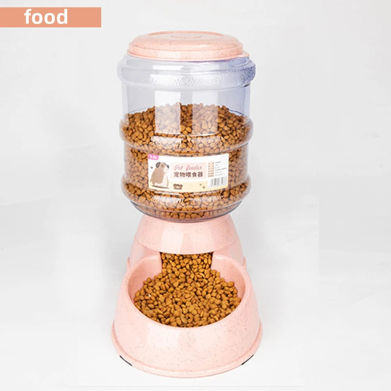 Pet food container with a pink base and clear top, filled with pet food.
