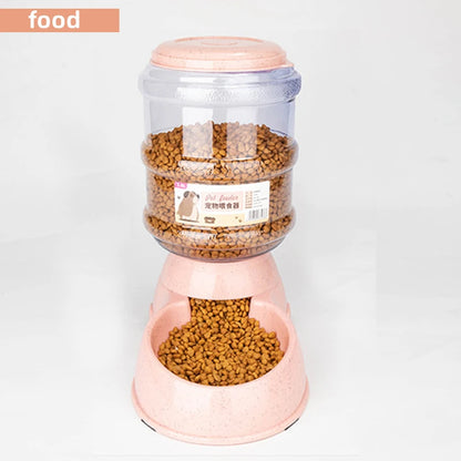 Pet food container with a pink base and clear top, filled with pet food.