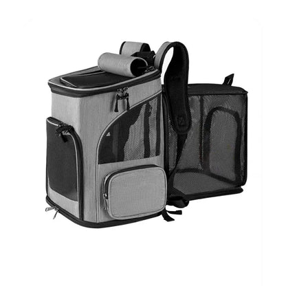 Gray pet carrier backpack with mesh sides on a white background
