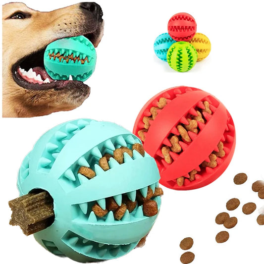 Dog toys with treats embedded, including a blue and red ball, with a dog biting a green toy.