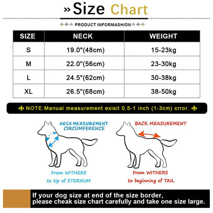 Dog size chart with neck and weight measurements