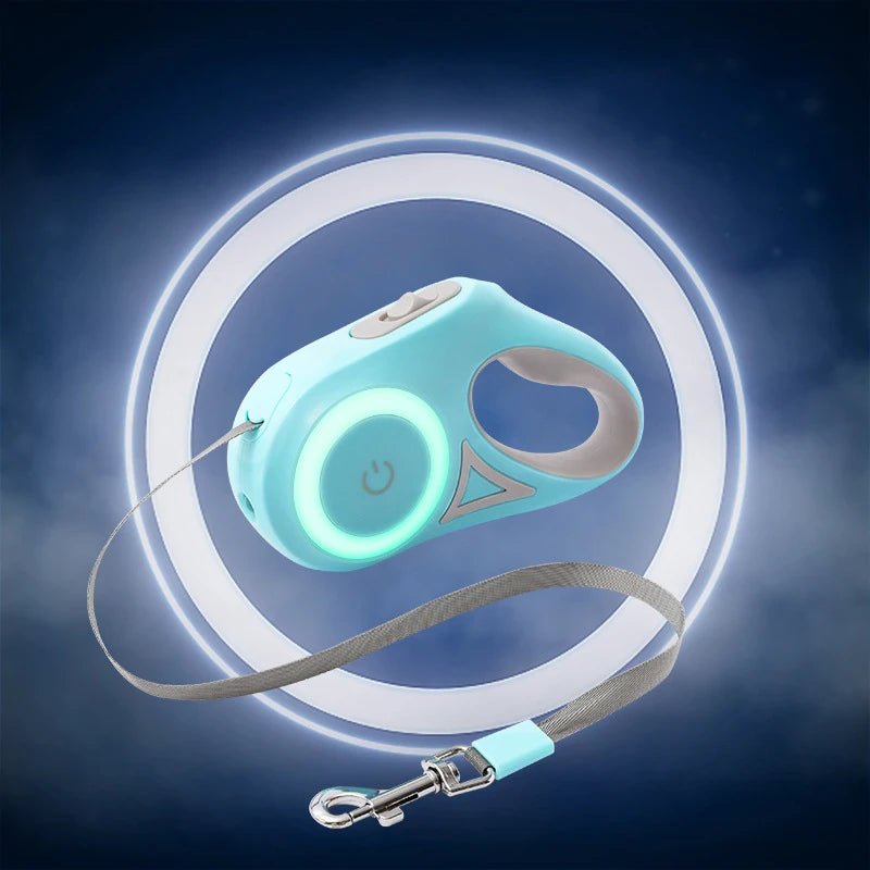 Pet leash and remote control device with glowing blue light on a dark background