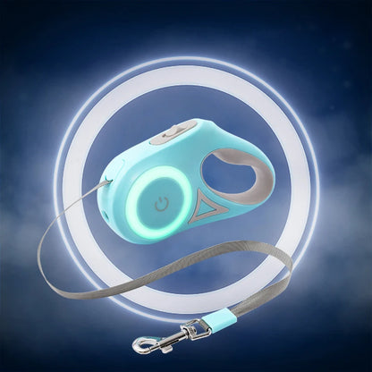 Pet leash and remote control device with glowing blue light on a dark background