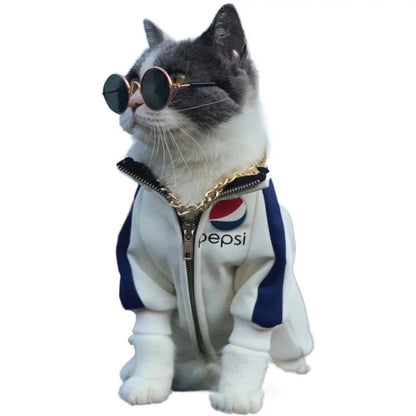 Cat wearing a Pepsi-themed jacket and sunglasses on a white background