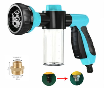 Blue and black garden hose sprayer with nozzle attachment on a white background