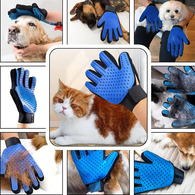 Pet grooming gloves being used on dogs and cats with close-up shots of the gloves.