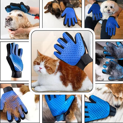 Pet grooming gloves being used on dogs and cats with close-up shots of the gloves.