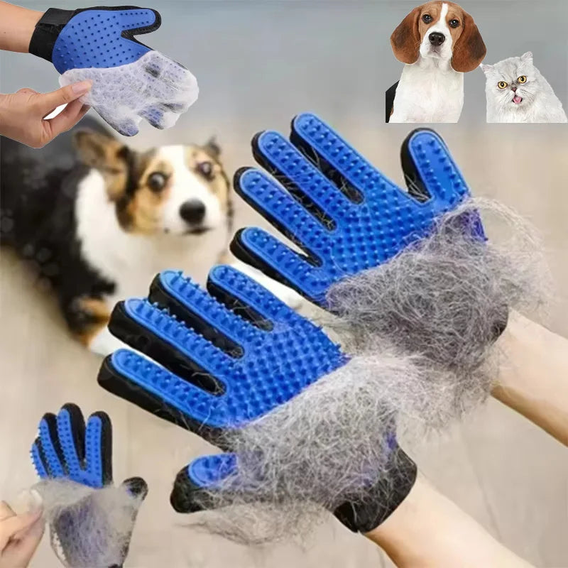 Pet grooming glove with collected pet hair, surrounded by pets and blurred background