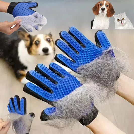 Pet grooming glove with collected pet hair, surrounded by pets and blurred background